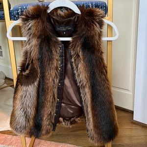 Mixed Brown Faux Fur Vest w/ Faux Leather Trim